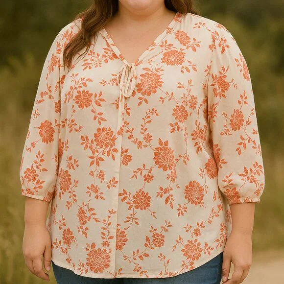Papermoon Adderly Clip Dot Floral Top 2X Off-White Coral | Boho Feminine Blouse - Picture 2 of 7